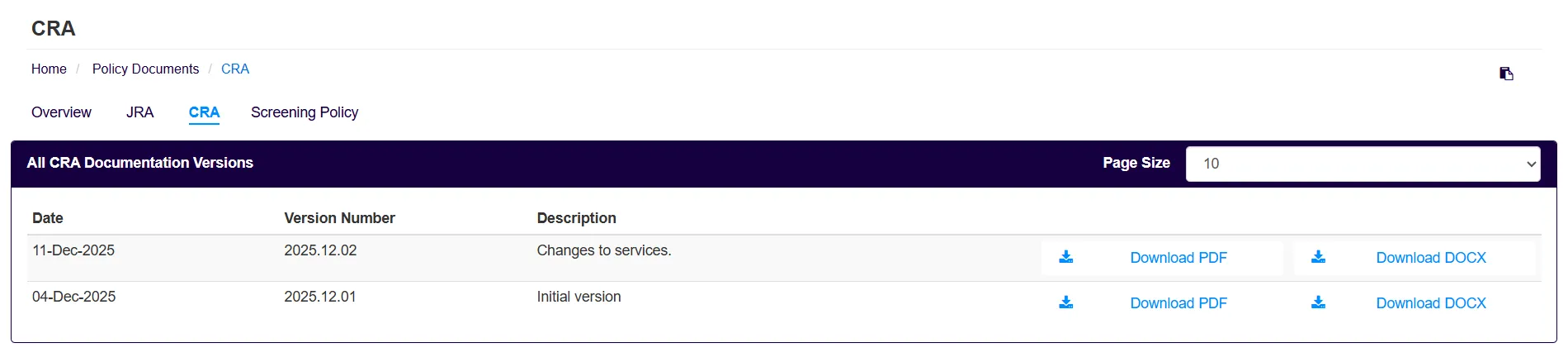 Version 8.20 Screenshot showing document history